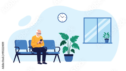 Senior man sitting on a blue chair in a clinic or office waiting room while checking his smartphone near a plant.