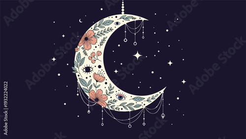 Ornate crescent moon illustration decorated with delicate pink flowers, leaves, and hanging jewelry on dark blue.