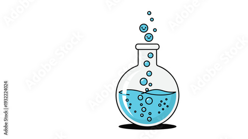 Cute science illustration of a round bottom laboratory flask containing blue liquid with happy smiling bubbles.