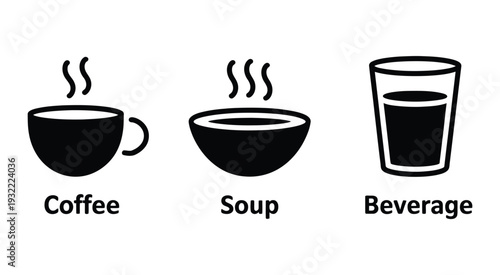 Three basic food and drink icons featuring hot coffee, steaming soup, and a glass of water in simple vector style for restaurant menus and mobile apps.