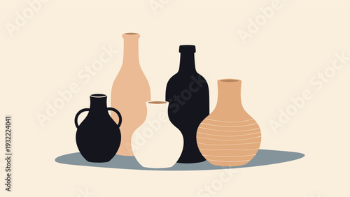 Artistic still life of five ceramic pots and jars in neutral tones arranged on a blue shadow on a beige background.