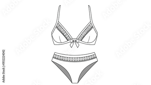 Technical fashion line drawing of a two piece bikini set including a bow front bra top and high waist bottom.