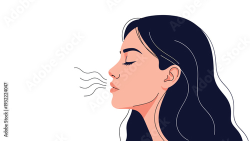 Profile view illustration of a woman with dark hair exhaling or breathing out air in a clean minimalist style.
