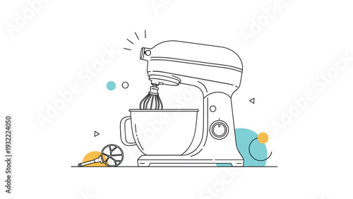 Clean line art illustration of a professional electric stand mixer with mixing bowl and whisk attachment on white.