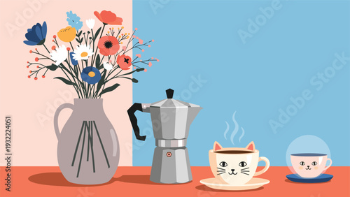 Colorful still life scene with a vase of flowers, espresso maker, and two cute cat themed coffee cups on a table.
