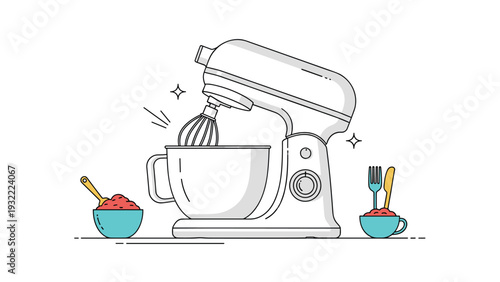 Electric white stand mixer in a kitchen setting with blue bowls of ingredients and cutlery depicted in a modern line art illustration style.
