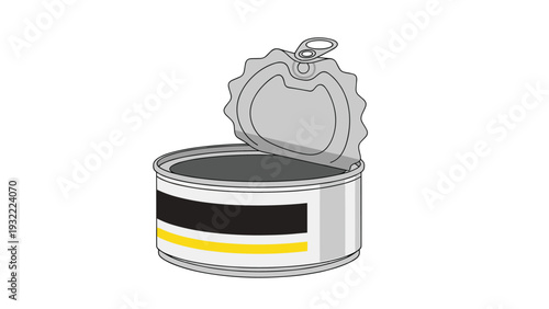 Vector illustration of an open metal tin can with a black and yellow label and a pull-ring lid shown on a plain white background for packaging.