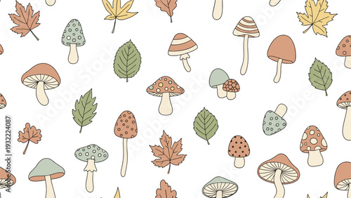 Seamless autumn pattern featuring various illustrated mushrooms and colorful fallen leaves in a rustic and natural style on a white background.
