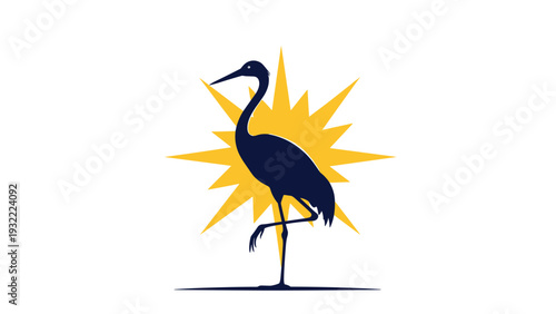 Silhouette of a crane bird standing on one leg against a bright yellow geometric sunburst shape in a clean and minimalist graphic design style.