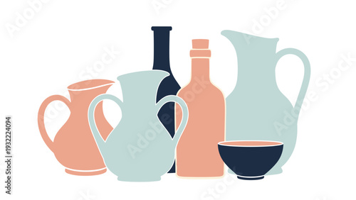Collection of stylized bottles, pitchers, and ceramic vessels in pastel blue and peach tones arranged in a flat artistic still life composition.
