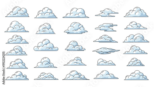 Large collection of different cloud shapes and styles including fluffy, flat, and stylized versions for various sky scenes.