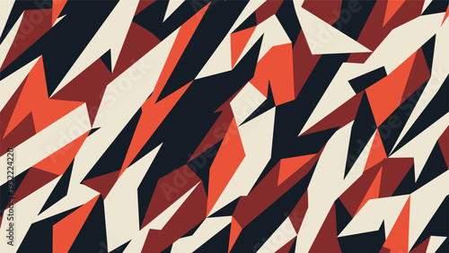 Modern geometric camouflage pattern featuring sharp angular shapes in bold red black and cream tones for urban design.