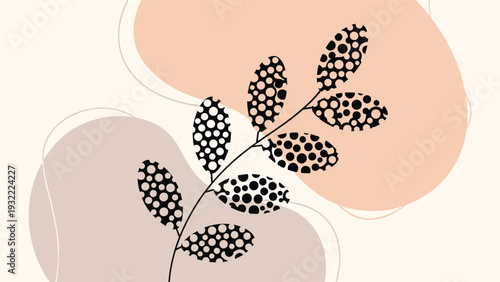 Minimalist botanical illustration showing a stylized branch with dotted leaves over soft organic shapes in muted pastel tones.