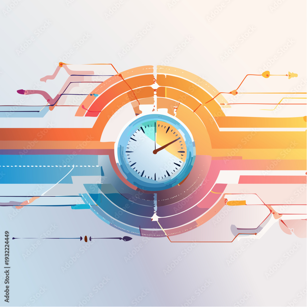 Fototapeta premium Clock and abstract futuristic technology background with digital circuit elements