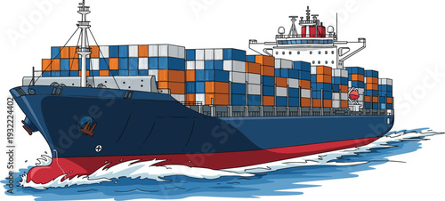Large blue and red cargo container ship transporting colorful freight containers across the ocean for global trade logistics