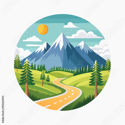 Scenic mountain road winding through vibrant green valleys under a blue sky, an idyllic natural escape