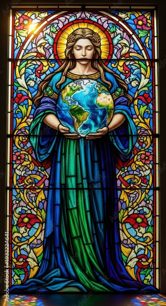 Obraz premium Earth's Embrace: A stained glass artwork depicts a serene figure cradling the Earth, surrounded by intricate floral designs and vibrant colors, symbolizing a connection with nature.