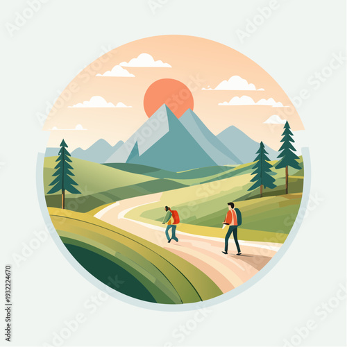 Hiking adventure in a beautiful mountain landscape with two hikers exploring nature
