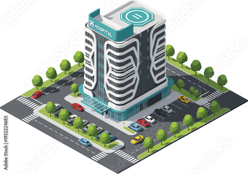 Modern isometric hospital building with rooftop helipad parking lot and street for healthcare and urban planning design