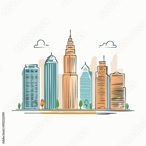 Modern urban skyline illustration featuring abstract architectural structures and metropolitan landscape design concepts