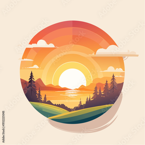 Serene Sunrise Over Rolling Hills and a Calm Lake with Pine Trees