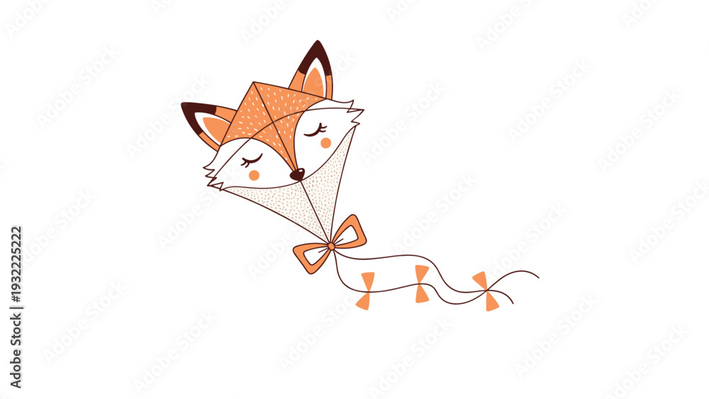 Fototapeta premium Whimsical illustration of a flying kite shaped like a fox face with orange ears and a long tail decorated with small orange bows.