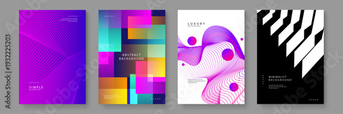 Set of four diverse abstract backgrounds including geometric squares linear patterns and fluid mesh waves for versatile design