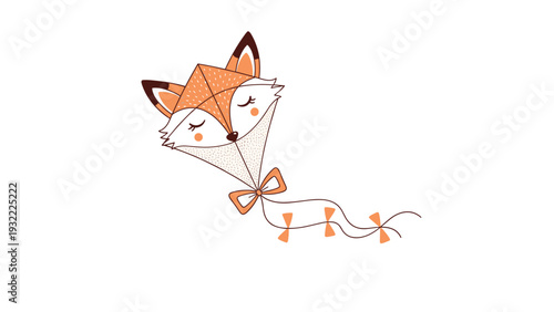 Whimsical illustration of a flying kite shaped like a fox face with orange ears and a long tail decorated with small orange bows.