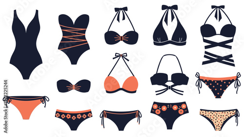 Set of women's swimwear illustrations showcasing various styles of one-piece swimsuits and bikinis in black, coral, and patterned designs.