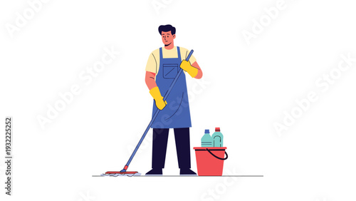 Professional male cleaner character wearing an apron while holding a mop next to a red bucket filled with various cleaning supply bottles.