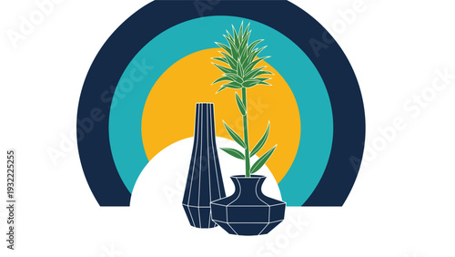 Minimalist artistic illustration showing dark blue ceramic vases and a green leafy plant set against a vibrant multi-colored sun backdrop.
