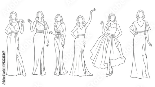Elegant line-art illustrations of six women modeling different styles of long formal evening gowns and dresses suitable for special occasions.