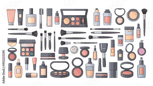 Extensive collection of makeup and beauty products including palettes, brushes, lipsticks, foundation bottles, and powder compacts.