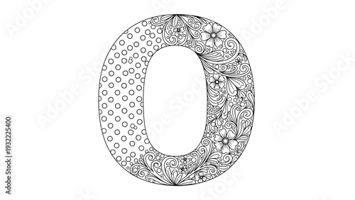 Large letter O decorated with intricate floral patterns and polka dots designed as a black and white coloring book page for adults.