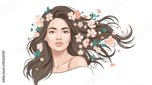Portrait of a beautiful woman with long brown hair decorated with soft pink cherry blossoms and green leaves on a white background.