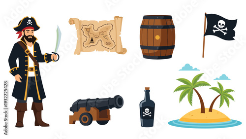 Collection of pirate-themed illustrations including a captain with a sword, treasure map, barrel, black flag, cannon, rum bottle, and island.