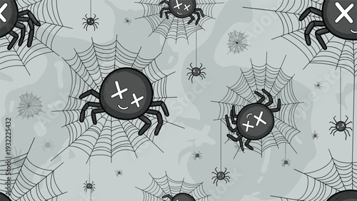 Quirky seamless pattern of dead black spiders with cross-shaped eyes sitting in their webs on a light gray background with misty clouds.
