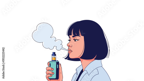 Stylish young woman with a black bob haircut exhaling a large cloud of white vapor while holding a modern teal vape device.