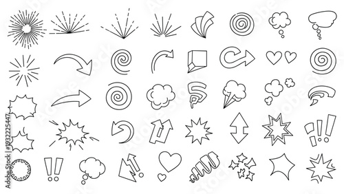 Comprehensive collection of hand-drawn doodle symbols including arrows, speech bubbles, hearts, spirals, and exclamation marks in black ink.