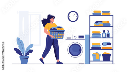 Happy woman carrying a basket full of clean clothes in a bright laundry room with a washing machine and shelves of folded towels.