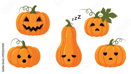 Set of six orange pumpkins with different facial expressions including happy, sad, sleepy, and angry for Halloween decorations.