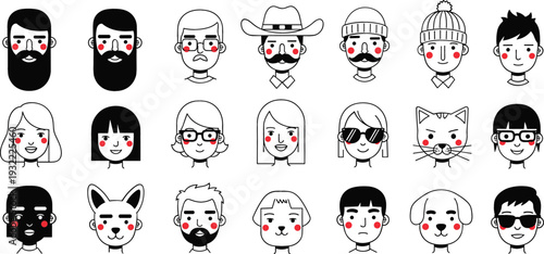 Minimalist avatar icon set featuring diverse human faces and pet characters with clean line art and red accents