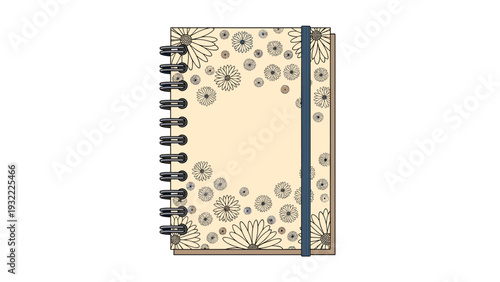 Spiral-bound notebook with a cream cover decorated with black and white daisy flower illustrations and secured by a blue elastic band.