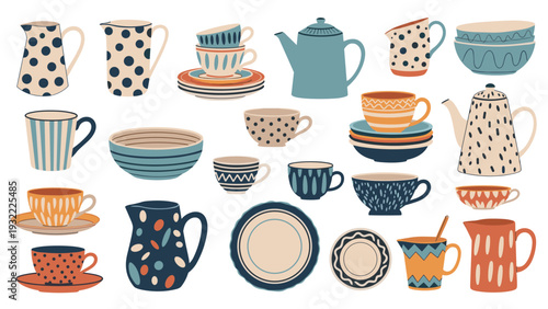 Large collection of diverse ceramic pottery pieces including teapots, mugs, bowls, and plates with various colorful patterns and shapes.