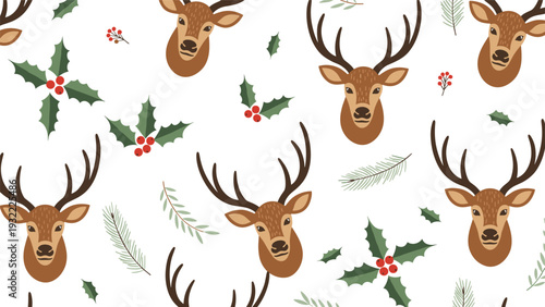 Festive christmas seamless pattern featuring brown reindeer heads, green holly leaves with red berries, and pine branches on a white background.