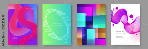 A collection of four modern abstract backgrounds featuring fluid 3D shapes, geometric squares, and wireframe lines in vibrant neon colors