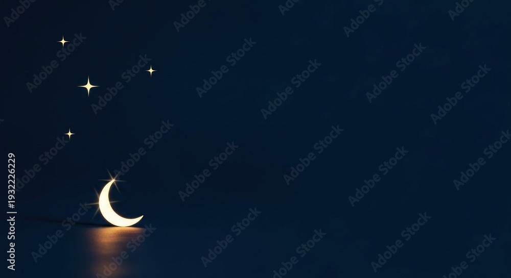 Naklejka premium Crescent moon and stars glowing in the dark night sky with reflection.