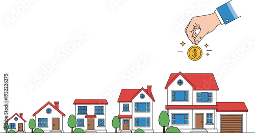 Real estate investment and property growth concept with hand putting gold dollar coin into row of increasing houses