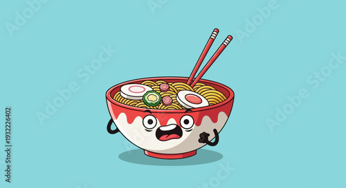 Cartoon ramen bowl with smiling face and various toppings illustration