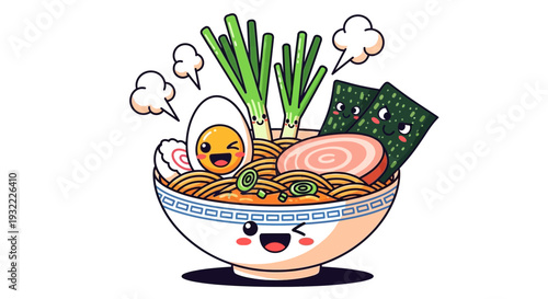 Cartoon ramen bowl with smiling face and various toppings illustration